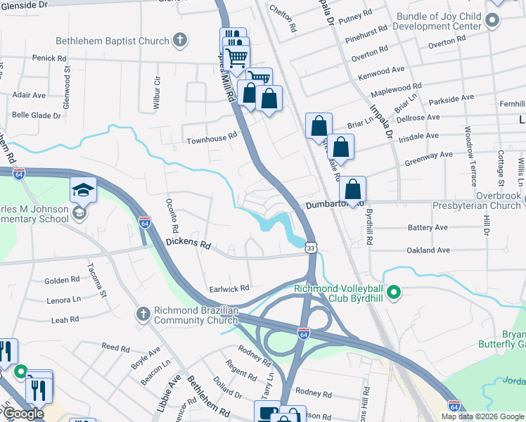 map of restaurants, bars, coffee shops, grocery stores, and more near 10 Stillwater Lane in Henrico