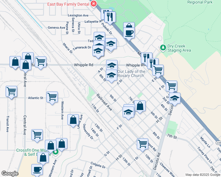 map of restaurants, bars, coffee shops, grocery stores, and more near 801 C Street in Union City