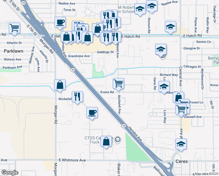 map of restaurants, bars, coffee shops, grocery stores, and more near 1757 Richland Avenue in Ceres