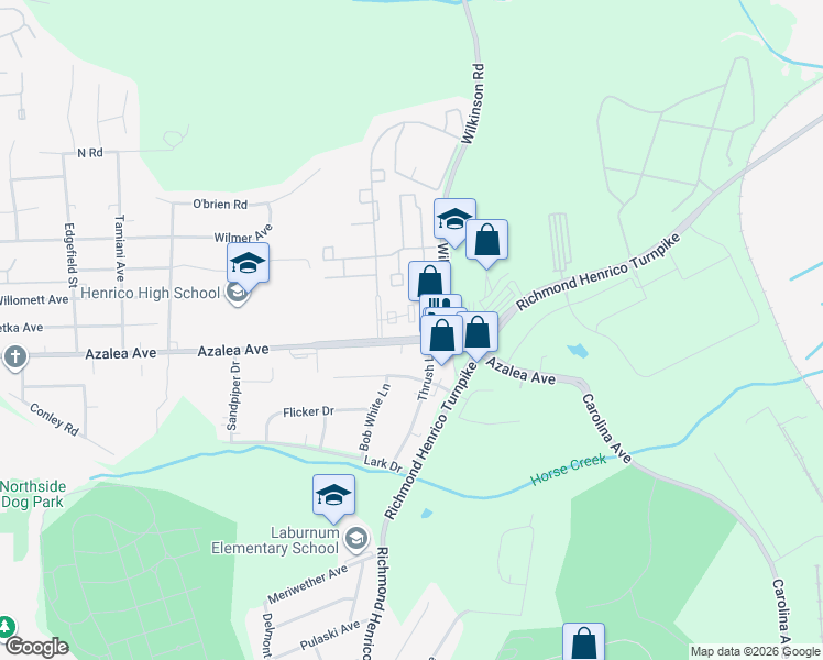 map of restaurants, bars, coffee shops, grocery stores, and more near 5210 Wilkinson Road in Richmond