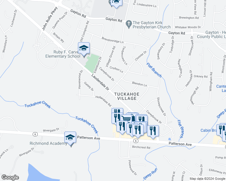 map of restaurants, bars, coffee shops, grocery stores, and more near 1615 Lauderdale Drive in Richmond
