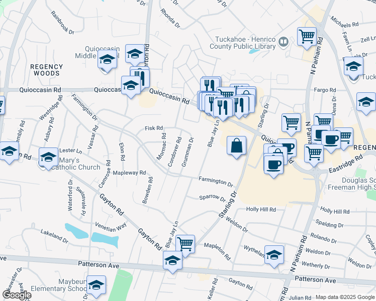 map of restaurants, bars, coffee shops, grocery stores, and more near 1313 Grumman Drive in Henrico