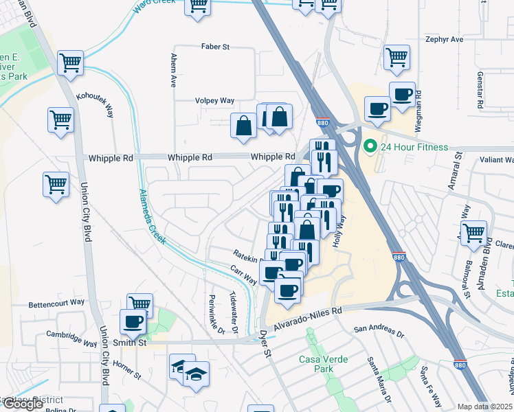 map of restaurants, bars, coffee shops, grocery stores, and more near 3064 Flint Street in Union City