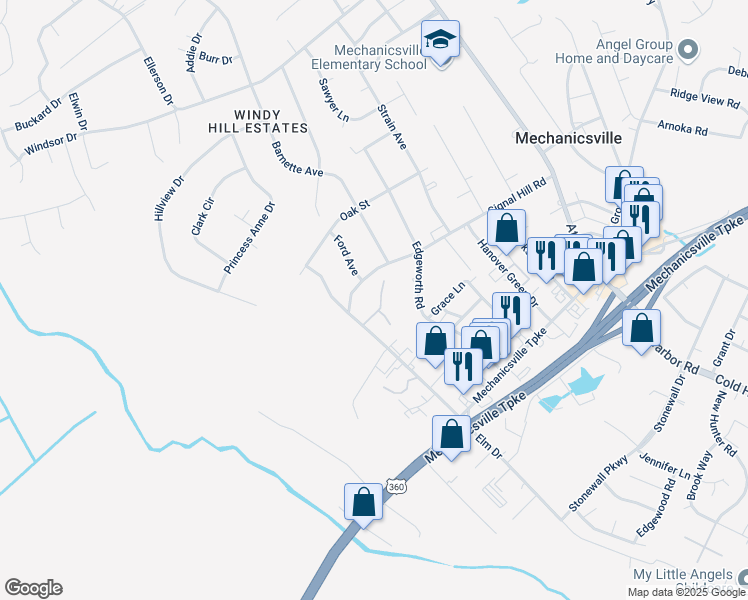 map of restaurants, bars, coffee shops, grocery stores, and more near 7261 Elm Tree Terrace in Mechanicsville