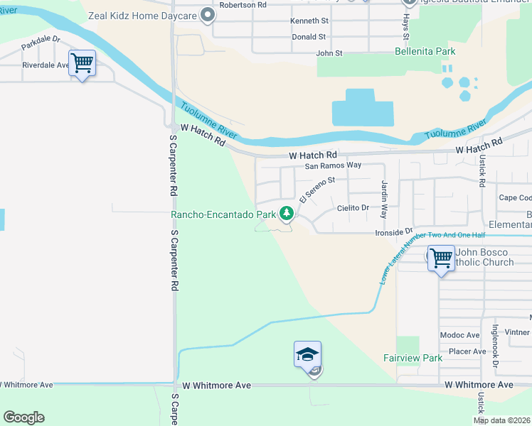 map of restaurants, bars, coffee shops, grocery stores, and more near 2033 Saint Salazar Circle in Modesto