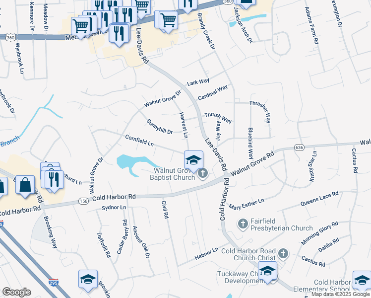 map of restaurants, bars, coffee shops, grocery stores, and more near 6986 Cornfield Lane in Mechanicsville