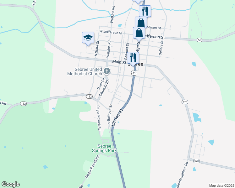 map of restaurants, bars, coffee shops, grocery stores, and more near 253 South Railroad Street in Sebree