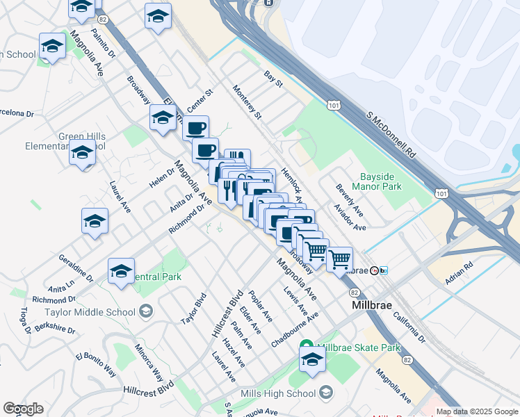 map of restaurants, bars, coffee shops, grocery stores, and more near 525 California 82 in Millbrae