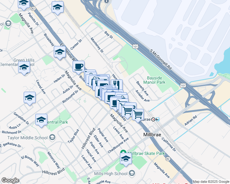 map of restaurants, bars, coffee shops, grocery stores, and more near 450 El Camino Real in Millbrae