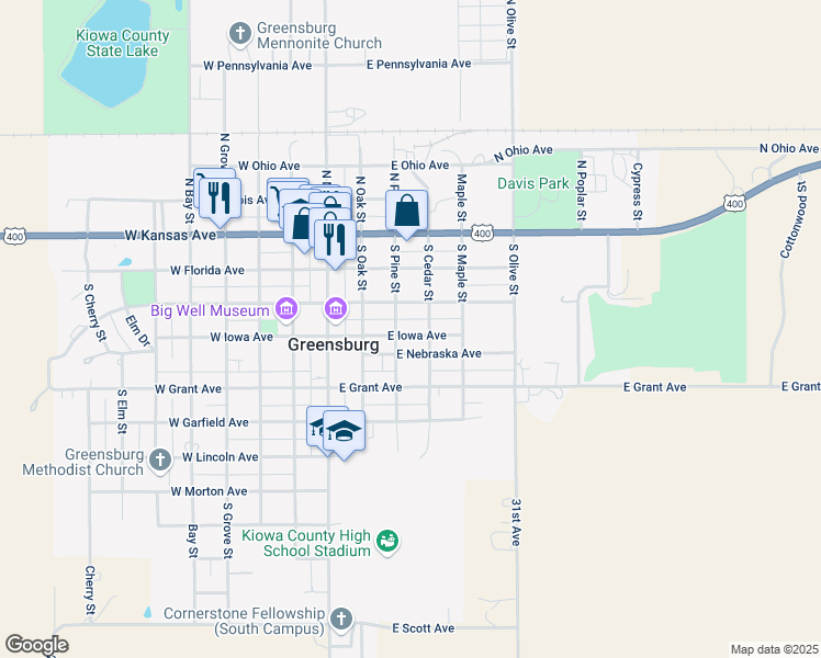 map of restaurants, bars, coffee shops, grocery stores, and more near 310 East Iowa Avenue in Greensburg