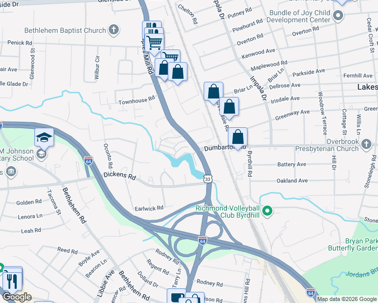 map of restaurants, bars, coffee shops, grocery stores, and more near 11 Waterfall Road in Henrico