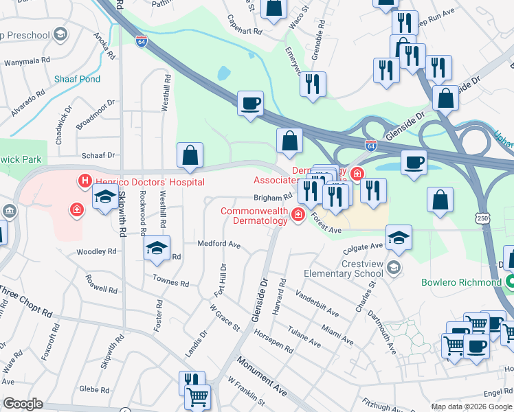 map of restaurants, bars, coffee shops, grocery stores, and more near 7109 Brigham Road in Richmond