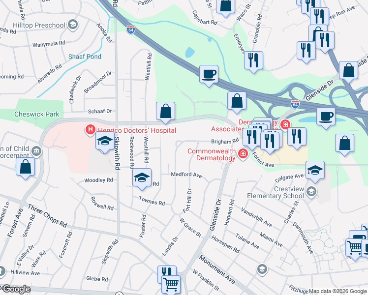 map of restaurants, bars, coffee shops, grocery stores, and more near 7209 Brigham Road in Richmond