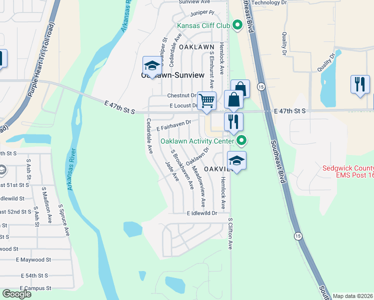 map of restaurants, bars, coffee shops, grocery stores, and more near 4979 Elmhurst Street in Wichita