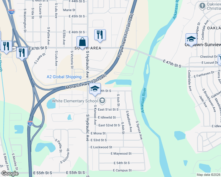 map of restaurants, bars, coffee shops, grocery stores, and more near 1930 East 50th Street South in Wichita