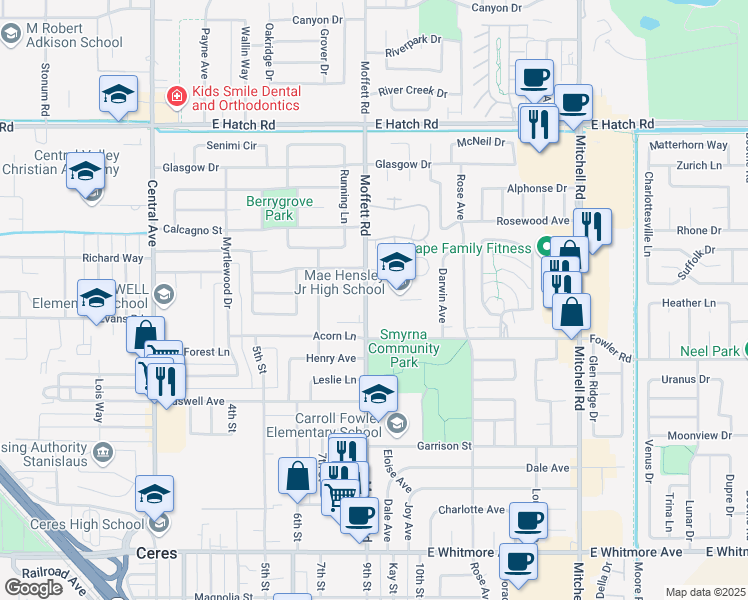 map of restaurants, bars, coffee shops, grocery stores, and more near 1806 Moffett Road in Ceres