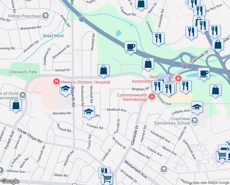 map of restaurants, bars, coffee shops, grocery stores, and more near 7209 Brigham Road in Richmond