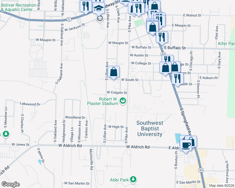 map of restaurants, bars, coffee shops, grocery stores, and more near 319-499 W Colgate St in Bolivar