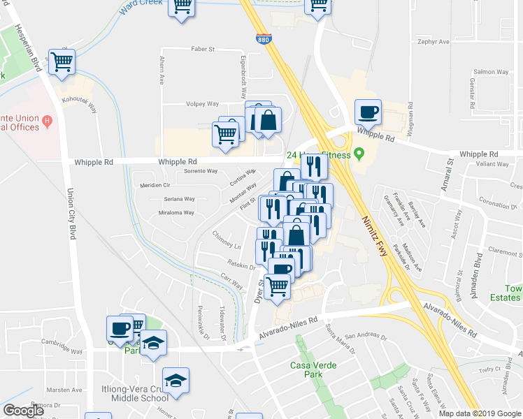map of restaurants, bars, coffee shops, grocery stores, and more near 3040 Flint Street in Union City
