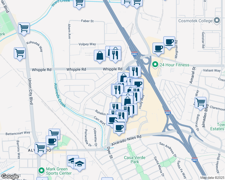 map of restaurants, bars, coffee shops, grocery stores, and more near 3030 Flint Street in Union City