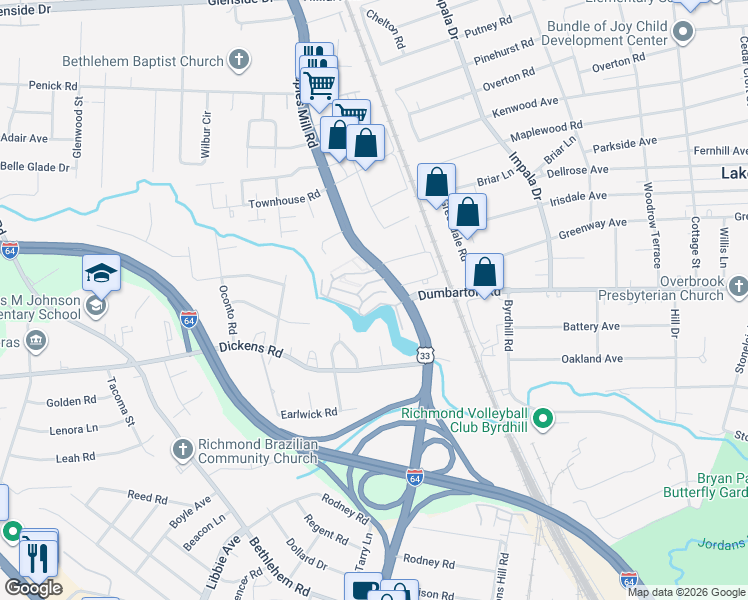 map of restaurants, bars, coffee shops, grocery stores, and more near 11 Waterfall Road in Henrico