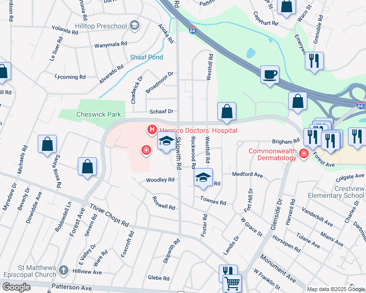 map of restaurants, bars, coffee shops, grocery stores, and more near 1615 Skipwith Road in Richmond