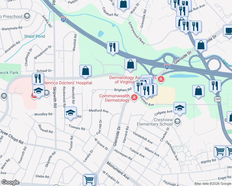 map of restaurants, bars, coffee shops, grocery stores, and more near 7109 Brigham Road in Richmond