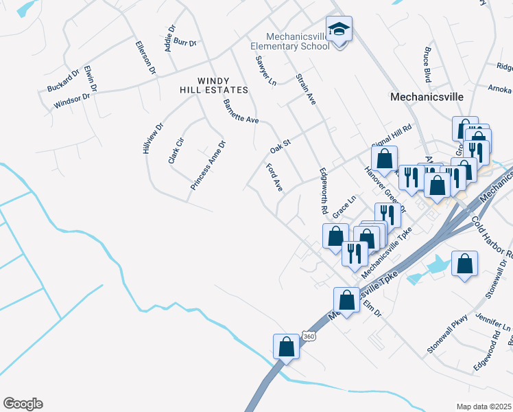 map of restaurants, bars, coffee shops, grocery stores, and more near 8215 Elm Drive in Mechanicsville