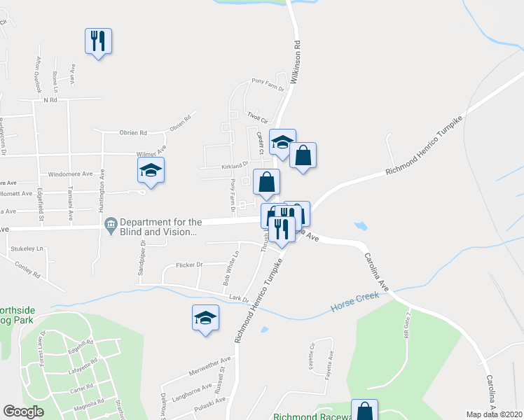 map of restaurants, bars, coffee shops, grocery stores, and more near 211 Knightsmanor Court in Richmond