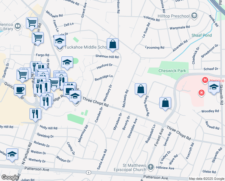 map of restaurants, bars, coffee shops, grocery stores, and more near 1517 Westbury Drive in Richmond