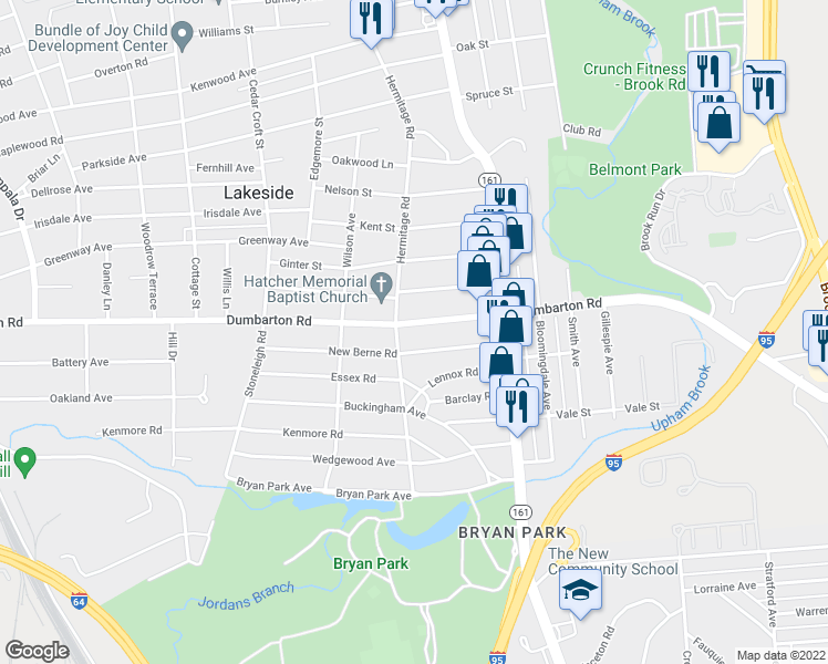 map of restaurants, bars, coffee shops, grocery stores, and more near 2127 Dumbarton Road in Henrico