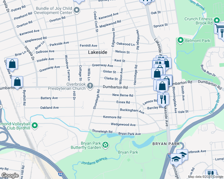 map of restaurants, bars, coffee shops, grocery stores, and more near 2409 Dumbarton Road in Richmond