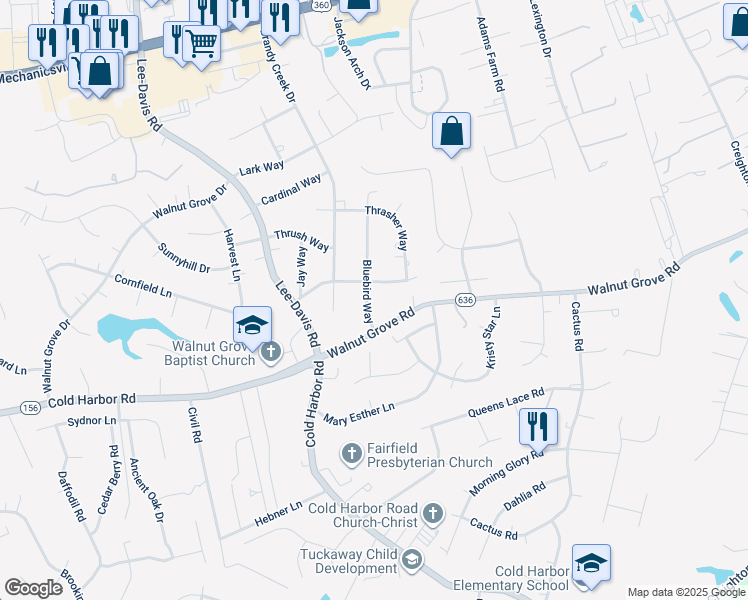 map of restaurants, bars, coffee shops, grocery stores, and more near 7268 Bluebird Way in Mechanicsville