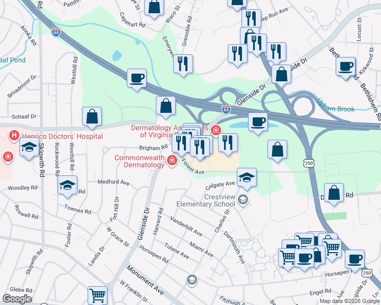 map of restaurants, bars, coffee shops, grocery stores, and more near 7000 Forest Avenue in Richmond