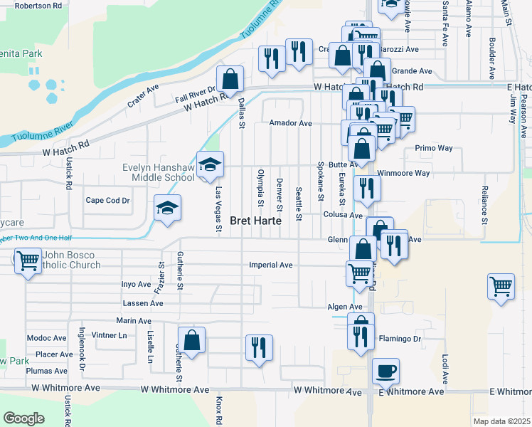 map of restaurants, bars, coffee shops, grocery stores, and more near in Bret Harte