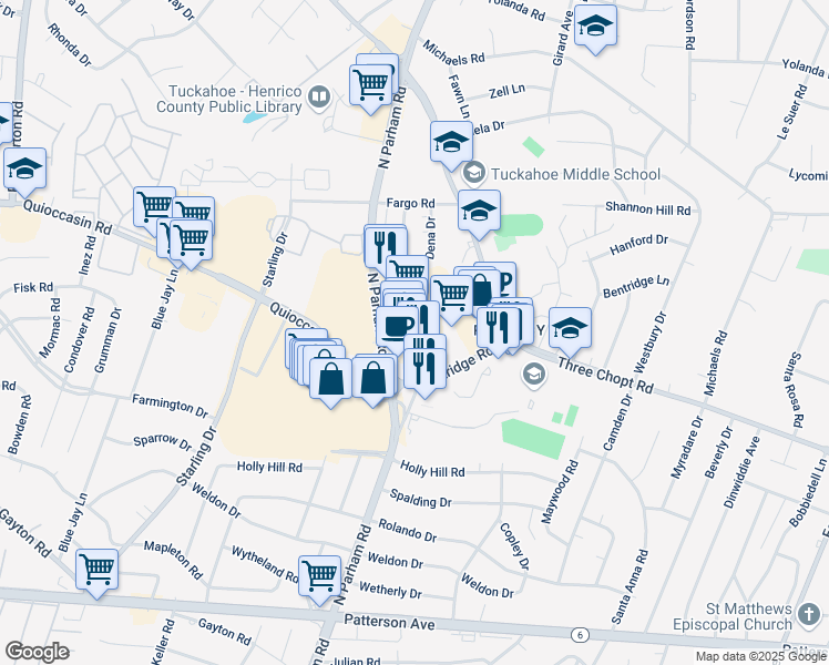 map of restaurants, bars, coffee shops, grocery stores, and more near 1523 North Parham Road in Henrico