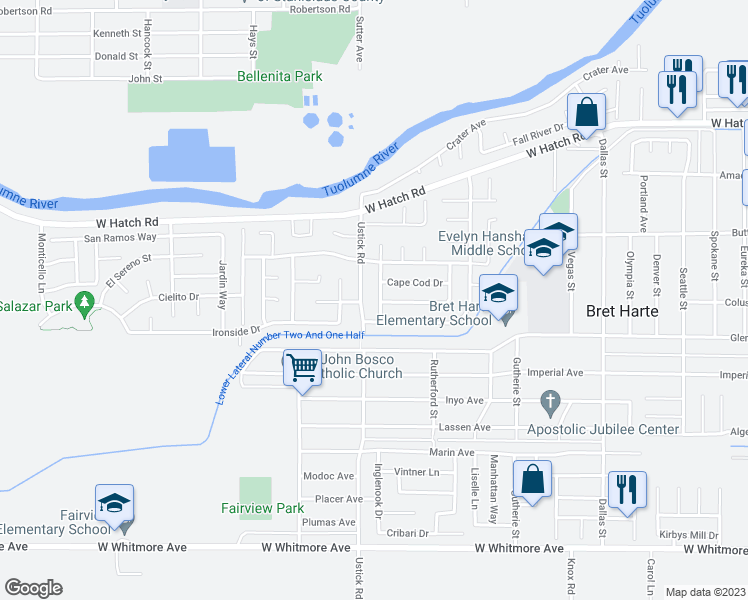 map of restaurants, bars, coffee shops, grocery stores, and more near 1817 Walpole Drive in Modesto