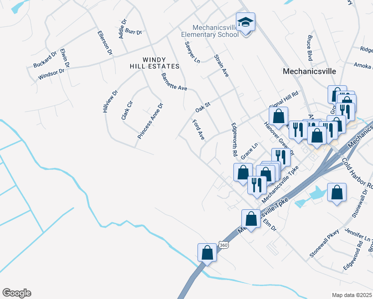 map of restaurants, bars, coffee shops, grocery stores, and more near 8215 Elm Drive in Mechanicsville