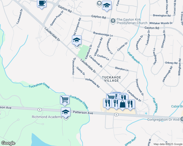 map of restaurants, bars, coffee shops, grocery stores, and more near 1704 Lauderdale Drive in Richmond