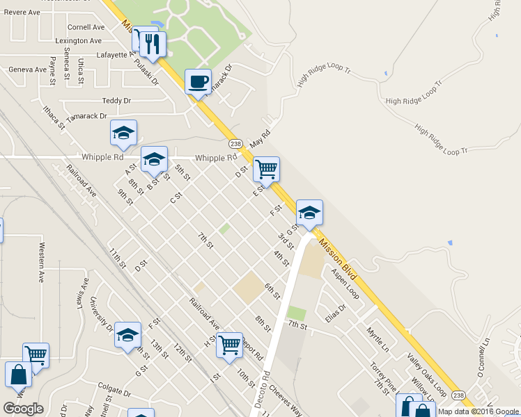 map of restaurants, bars, coffee shops, grocery stores, and more near 33540 3rd Street in Union City