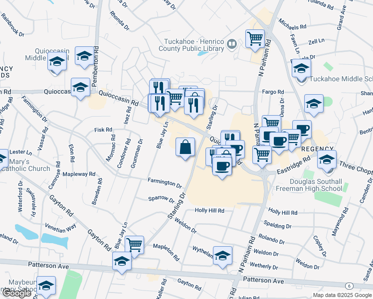 map of restaurants, bars, coffee shops, grocery stores, and more near 1404 Starling Dr in Richmond
