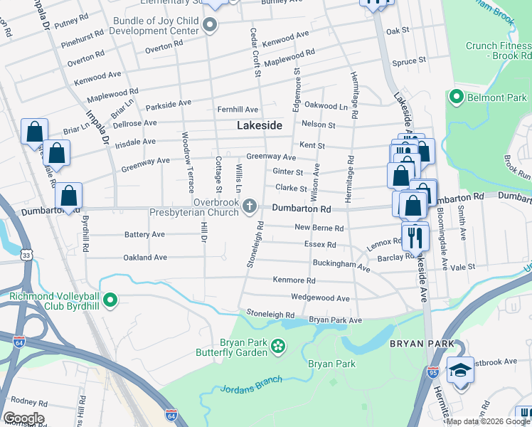 map of restaurants, bars, coffee shops, grocery stores, and more near 2425 Dumbarton Road in Richmond