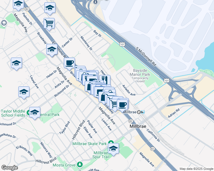 map of restaurants, bars, coffee shops, grocery stores, and more near 450 El Camino Real in Millbrae