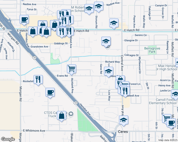 map of restaurants, bars, coffee shops, grocery stores, and more near 1759 Southlawn Drive in Ceres