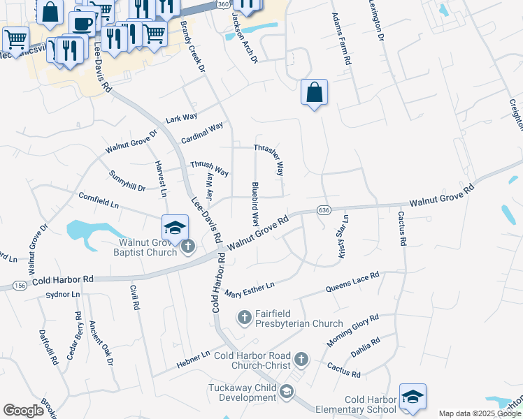 map of restaurants, bars, coffee shops, grocery stores, and more near 7268 Bluebird Way in Mechanicsville