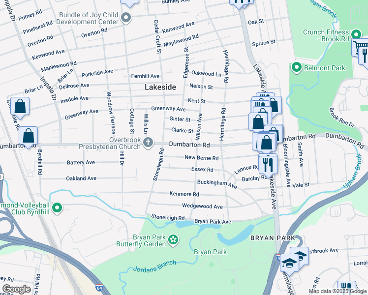 map of restaurants, bars, coffee shops, grocery stores, and more near 2409 Dumbarton Road in Richmond