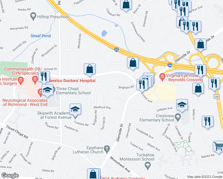 map of restaurants, bars, coffee shops, grocery stores, and more near 1615 Fort Hill Drive in Richmond