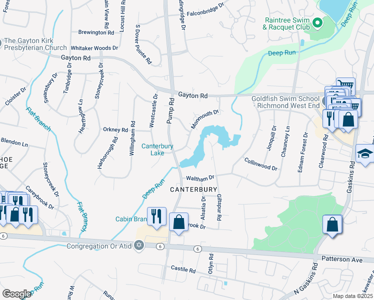 map of restaurants, bars, coffee shops, grocery stores, and more near 1505 Monmouth Drive in Richmond