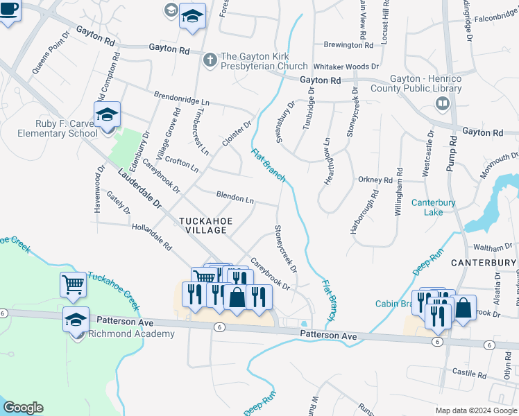map of restaurants, bars, coffee shops, grocery stores, and more near 11205 Blendon Lane in Richmond