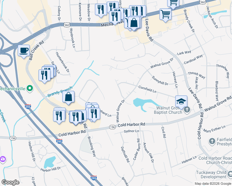 map of restaurants, bars, coffee shops, grocery stores, and more near 7271 Cornfield Court in Mechanicsville